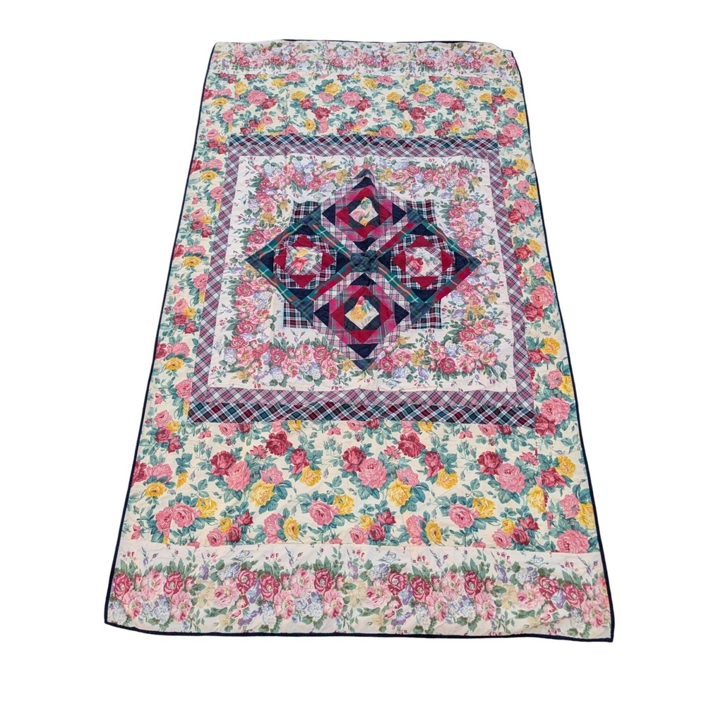Vtg‎ Floral Plaid Patchwork Twin Coverlet Table Cloth Cover 56x96" Cottagecore